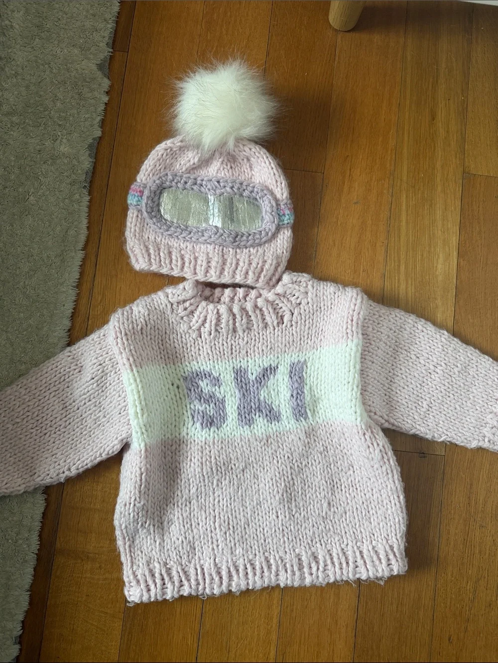 Blueberry Hill Kids Pink Knit 'SKI' Sweater with Matching Pom Pom Beanie